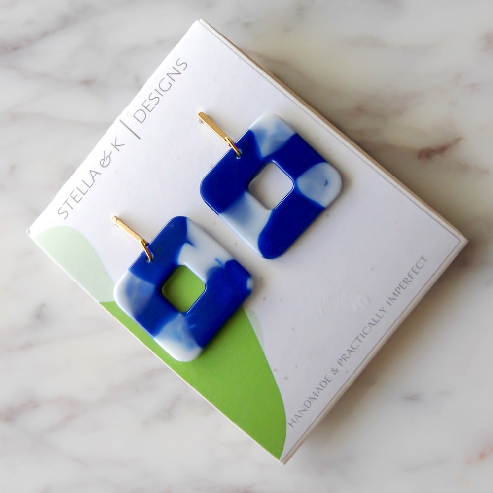 Handmade Earrings - Square Resin Earrings - Blue and White - NEW